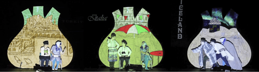 3 white women appear in different costumes and poses in front of projections showing drawings of different holiday locations: Paris, Iceland and